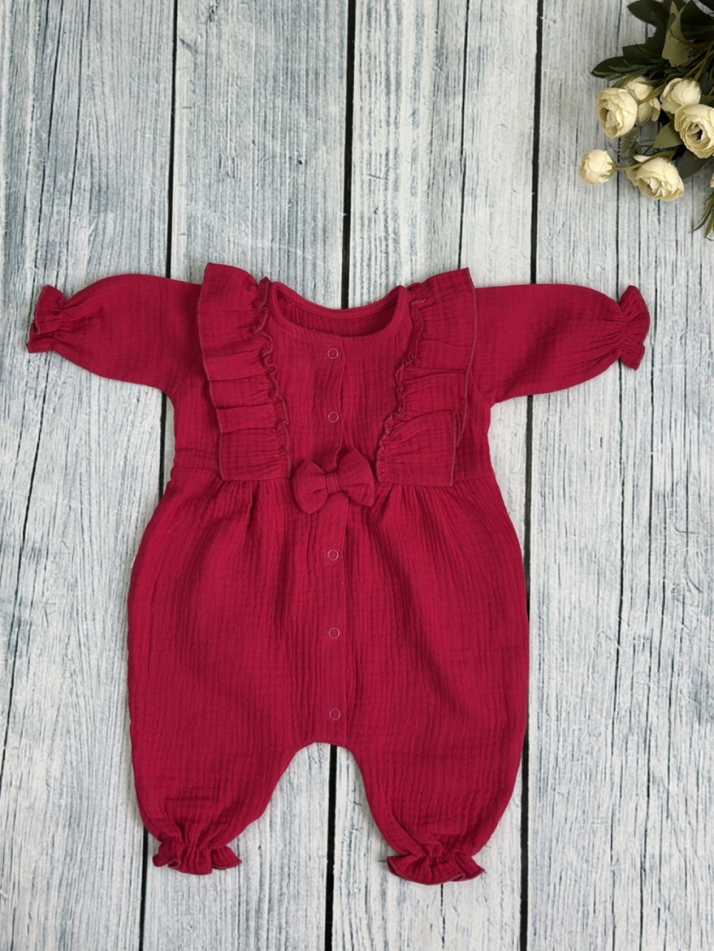 337-Ф. Комбинезон с бантом для девочки из муслина, хлопок 100%, размеры 56,62,68, фуксия
